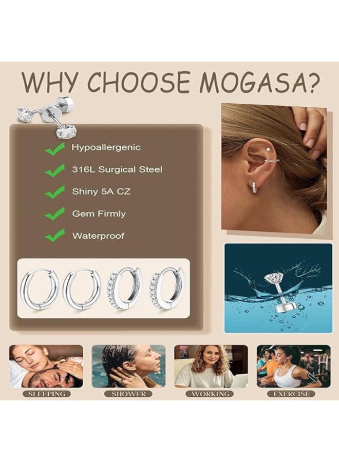 FAYET 10 Pairs (20PCS) Stainless Steel Stud and Hoop Earrings Set for Women, Screwback Flatback Tiny Studs, Pearl and CZ Piercing Jewelry - Image 4